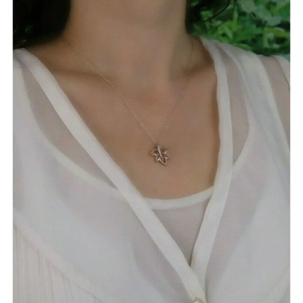 14k White Gold and Yellow Gold Diamond Necklace Leaf Necklace 18 inch chain - Picture 2 of 7